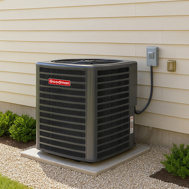 Air conditioner unit installed outside a home.