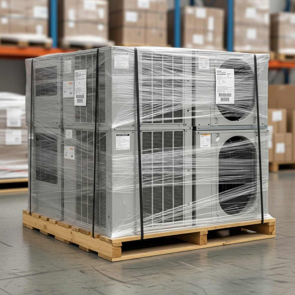 HVAC equipment on pallet for distribution.