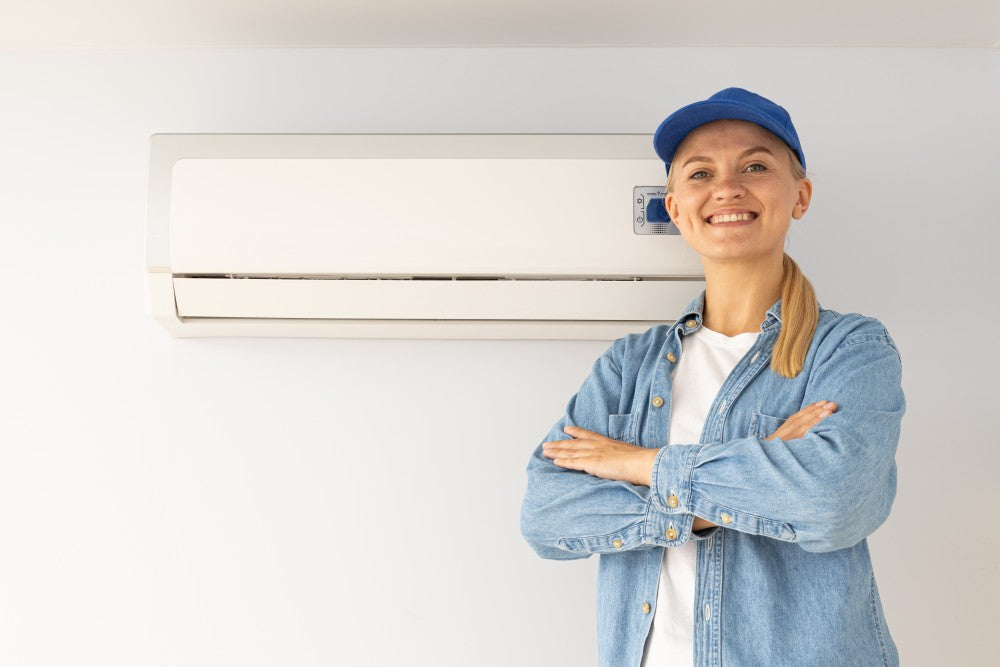 Young woman standing near the indoor air handler of a mini-split system.